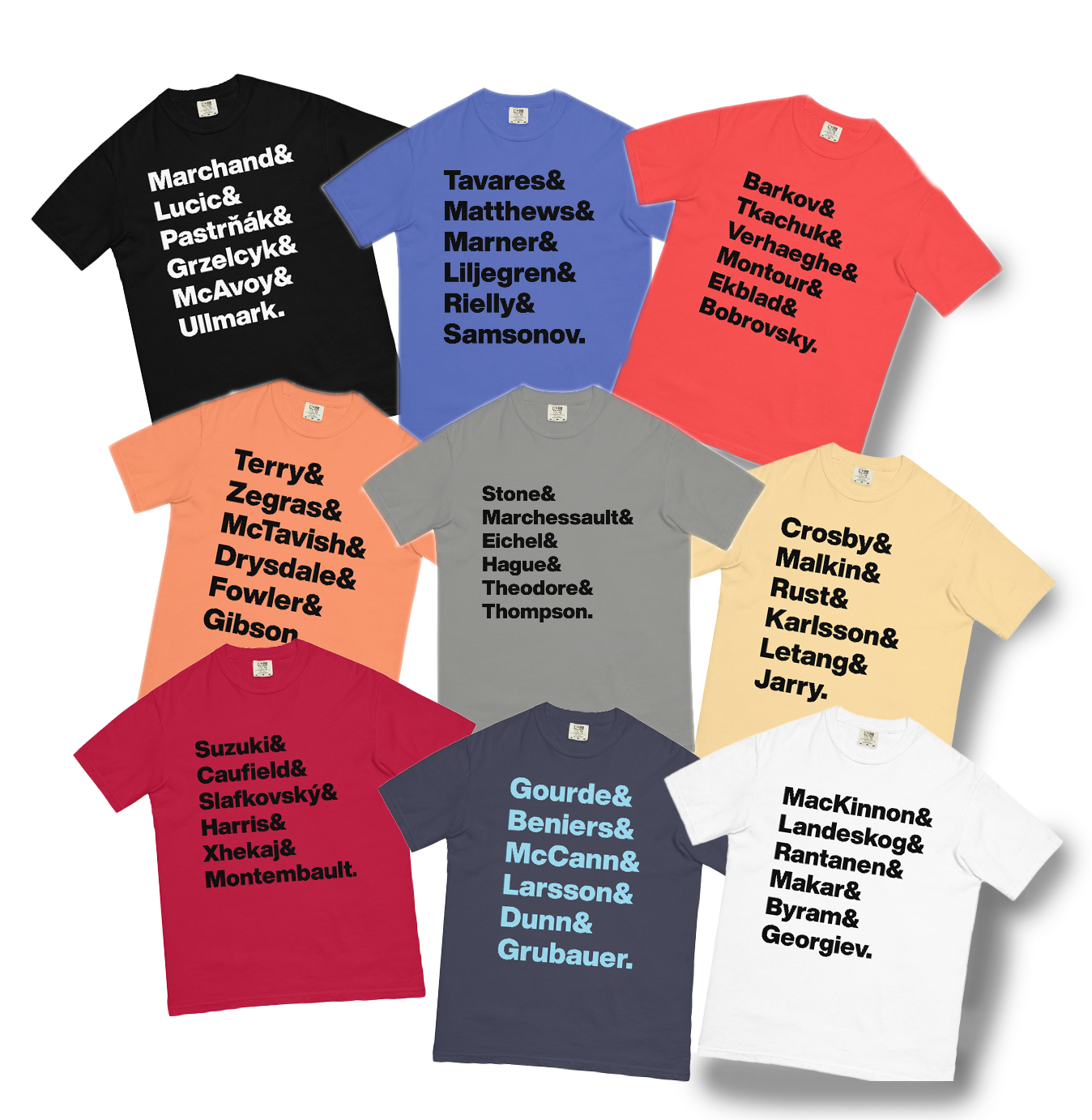 assorted colored tee shirts with lists of hockey players from teams