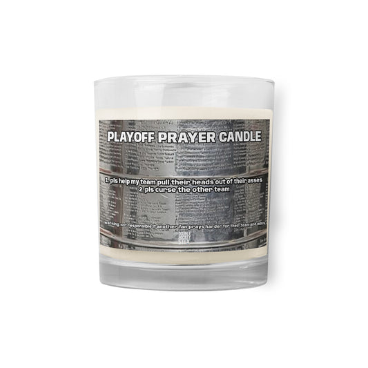 PRAYER CANDLE with a stanley cup background label. candle reads "PLAYOFF PRAYER CANDLE"  1. pls help my team pull their heads out of their asses 2. pls curse the other team warning: not responsible if another fan prays harder and their team wins DOUBLE HOCKEY STIX logo